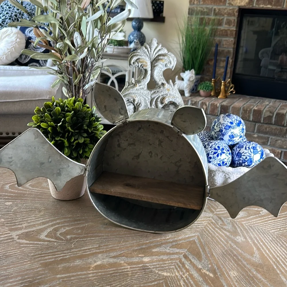 NEW! Rustic Fall Halloween Holiday Galvanized Metal Vampire Bat Wall Shelf